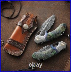 Handcrafted Feather Knife Damascus Steel Folding Pocket Knife Flipper with Sheath