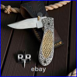 Handmade 440c Steel Hand Engraved folding knife with sheath camping knife