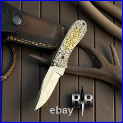 Handmade 440c Steel Hand Engraved folding knife with sheath camping knife