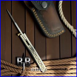 Handmade 440c Steel Hand Engraved folding knife with sheath camping knife