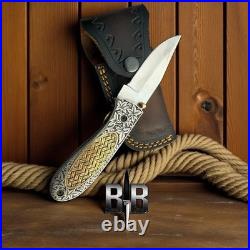 Handmade 440c Steel Hand Engraved folding knife with sheath camping knife