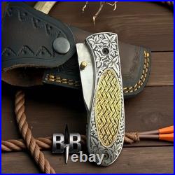 Handmade 440c Steel Hand Engraved folding knife with sheath camping knife