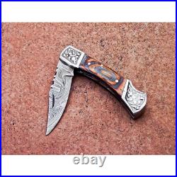 Handmade 7 Inch Damascus Steel Folding Pocket Knife Reddish Brown Hunting