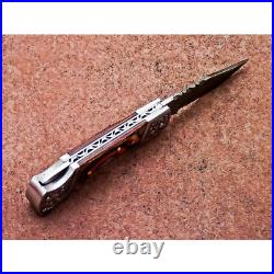 Handmade 7 Inch Damascus Steel Folding Pocket Knife Reddish Brown Hunting