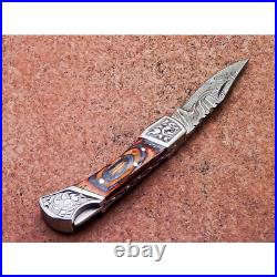 Handmade 7 Inch Damascus Steel Folding Pocket Knife Reddish Brown Hunting
