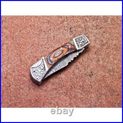 Handmade 7 Inch Damascus Steel Folding Pocket Knife Reddish Brown Hunting