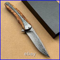 Handmade Collectible Feather Knife Damascus Titanium Pocket Knifes Ball Bearing