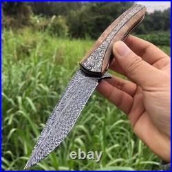 Handmade Collectible Feather Knife Damascus Titanium Pocket Knifes Ball Bearing