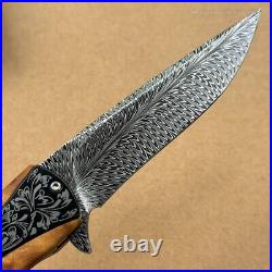 Handmade Collectible Feather Knife Damascus Titanium Pocket Knifes Ball Bearing