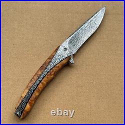 Handmade Collectible Feather Knife Damascus Titanium Pocket Knifes Ball Bearing