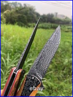 Handmade Collectible Feather Knife Damascus Titanium Pocket Knifes Ball Bearing