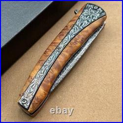 Handmade Collectible Feather Knife Damascus Titanium Pocket Knifes Ball Bearing