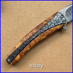 Handmade Collectible Feather Knife Damascus Titanium Pocket Knifes Ball Bearing