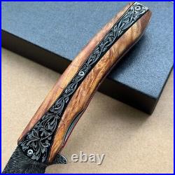 Handmade Collectible Feather Knife Damascus Titanium Pocket Knifes Ball Bearing