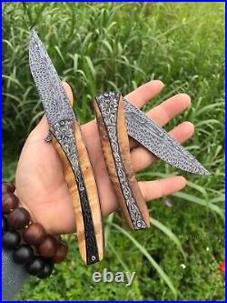 Handmade Collectible Feather Knife Damascus Titanium Pocket Knifes Ball Bearing