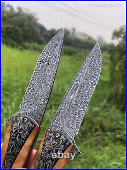 Handmade Collectible Feather Knife Damascus Titanium Pocket Knifes Ball Bearing