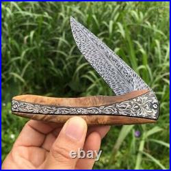 Handmade Collectible Feather Knife Damascus Titanium Pocket Knifes Ball Bearing