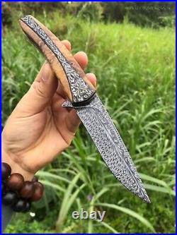 Handmade Collectible Feather Knife Damascus Titanium Pocket Knifes Ball Bearing