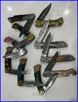 Handmade Damascus Steel Folding Knife Lot Of 10