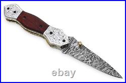 Handmade Damascus Steel Folding Knife for Camping Hunting with linear Lock F-11