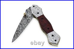 Handmade Damascus Steel Folding Knife for Camping Hunting with linear Lock F-11