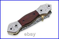 Handmade Damascus Steel Folding Knife for Camping Hunting with linear Lock F-11
