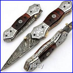 Handmade Damascus Steel Folding Knife for Camping Hunting with linear Lock F-11