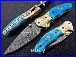 Handmade Damascus Steel Folding Knife for Camping & Hunting with linear Locking