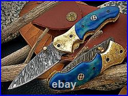 Handmade Damascus Steel Folding Knife for Camping & Hunting with linear Locking