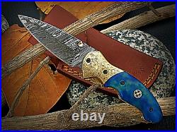 Handmade Damascus Steel Folding Knife for Camping & Hunting with linear Locking