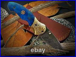 Handmade Damascus Steel Folding Knife for Camping & Hunting with linear Locking