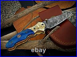 Handmade Damascus Steel Folding Knife for Camping & Hunting with linear Locking