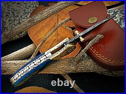 Handmade Damascus Steel Folding Knife for Camping & Hunting with linear Locking