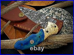 Handmade Damascus Steel Folding Knife for Camping & Hunting with linear Locking