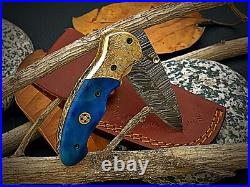 Handmade Damascus Steel Folding Knife for Camping & Hunting with linear Locking