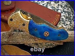 Handmade Damascus Steel Folding Knife for Camping & Hunting with linear Locking