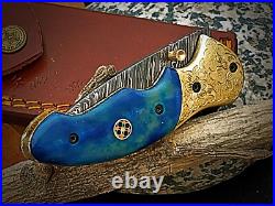 Handmade Damascus Steel Folding Knife for Camping & Hunting with linear Locking