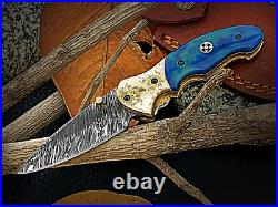 Handmade Damascus Steel Folding Knife for Camping & Hunting with linear Locking