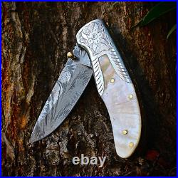 Handmade Feather Damascus steel Liner Lock pocket Folding Outdoor Hunting knife
