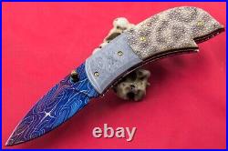 Handmade Folding Knife Mosaic Damascus Stingray Leather Handle 24k Gold Screw