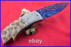 Handmade Folding Knife Mosaic Damascus Stingray Leather Handle 24k Gold Screw