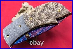 Handmade Folding Knife Mosaic Damascus Stingray Leather Handle 24k Gold Screw