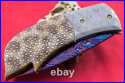 Handmade Folding Knife Mosaic Damascus Stingray Leather Handle 24k Gold Screw