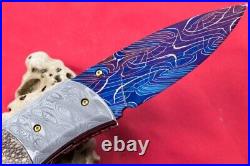 Handmade Folding Knife Mosaic Damascus Stingray Leather Handle 24k Gold Screw