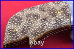 Handmade Folding Knife Mosaic Damascus Stingray Leather Handle 24k Gold Screw