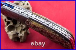 Handmade Folding Knife Mosaic Damascus Stingray Leather Handle 24k Gold Screw