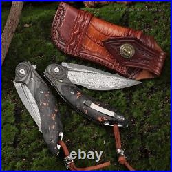 Handmade Japanese Damascus Pocket Knife Rescue Outdoor Survival Carbon Fiber