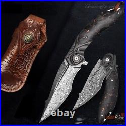 Handmade Japanese Damascus Pocket Knife Rescue Outdoor Survival Carbon Fiber