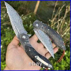 Handmade Japanese Damascus Pocket Knife Rescue Outdoor Survival Carbon Fiber