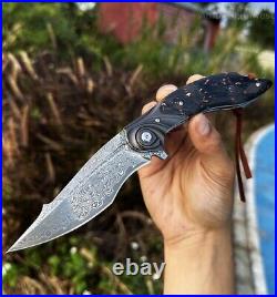 Handmade Japanese Damascus Pocket Knife Rescue Outdoor Survival Carbon Fiber